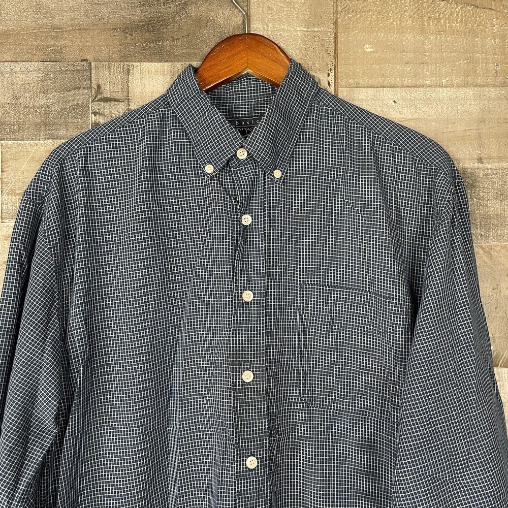 Vintage Y2K Basic Editions Shirt Blue Plaid Button Front Long Sleeve 90s Pocket - Picture 2 of 6